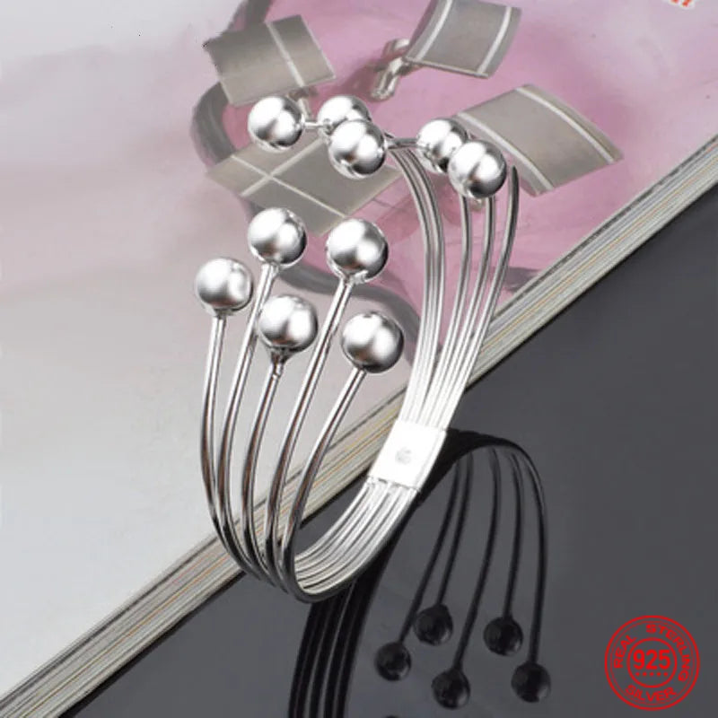 925 Silver Bead Open Cuff Bracelet Bangle For Women Men