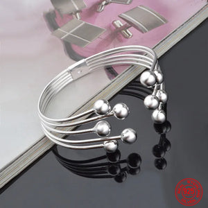 925 Silver Bead Open Cuff Bracelet Bangle For Women Men