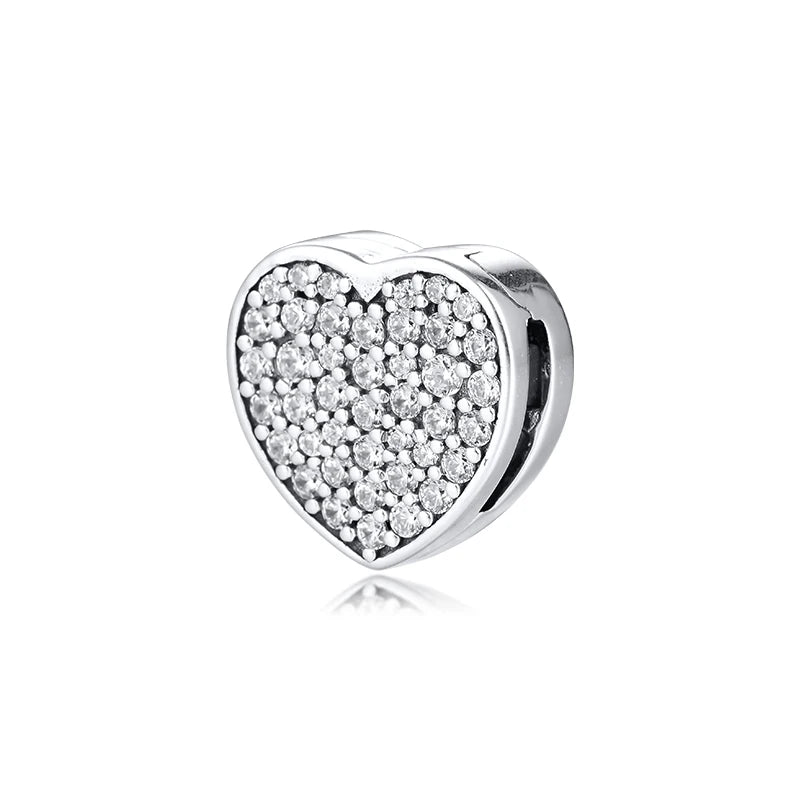 925 Silver Heart Clip Charm Beads DIY Jewelry Making Fits Bracelets