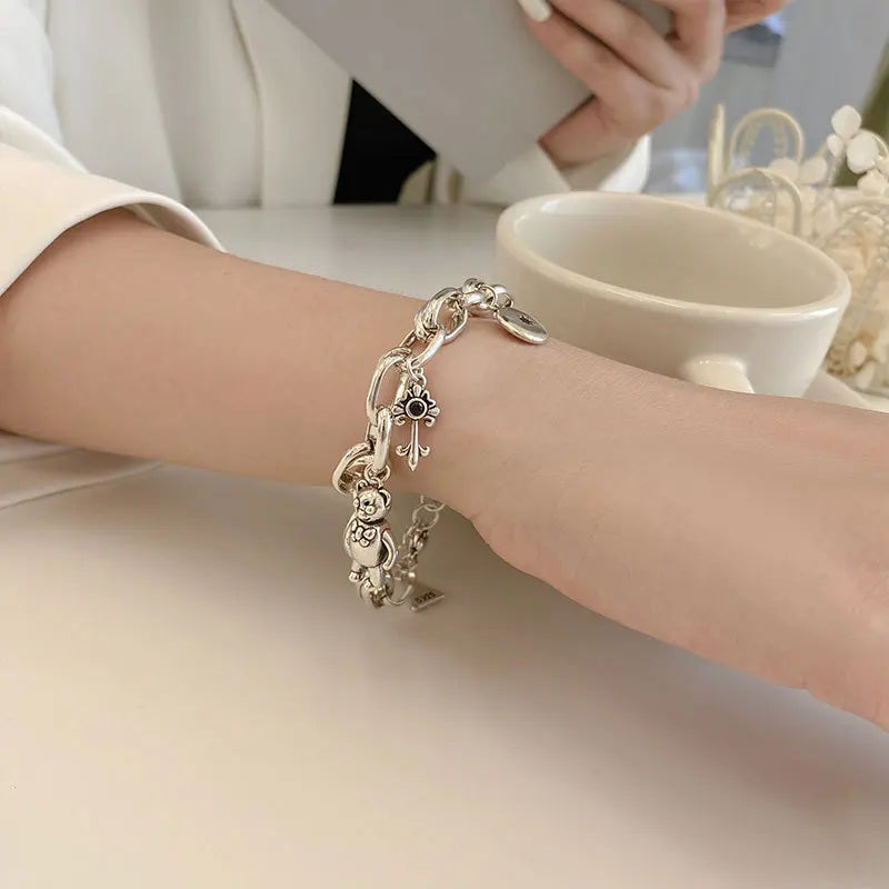 925 Silver Bear Key Pendant Bracelet Vintage Punk Round Geometry Pendant