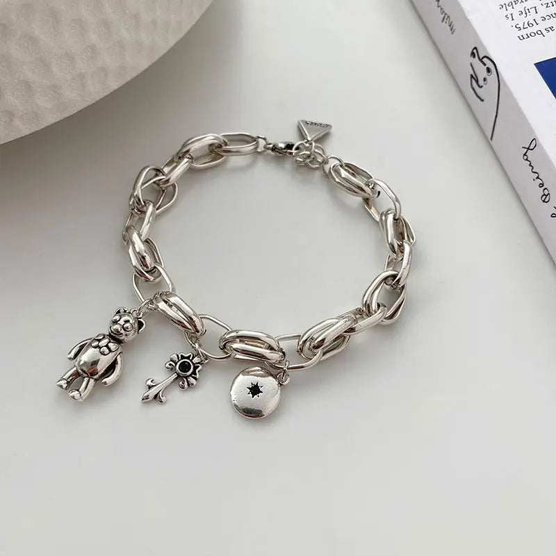 925 Silver Bear Key Pendant Bracelet Vintage Punk Round Geometry Pendant
