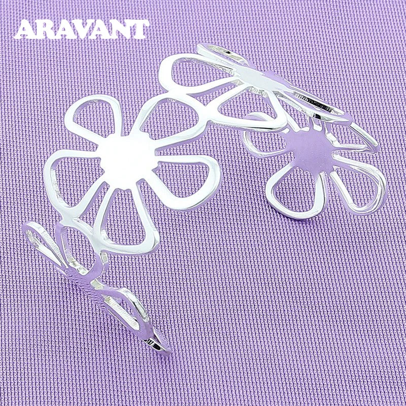 925 Silver Big Flower Open Bracelet Bangles for Women