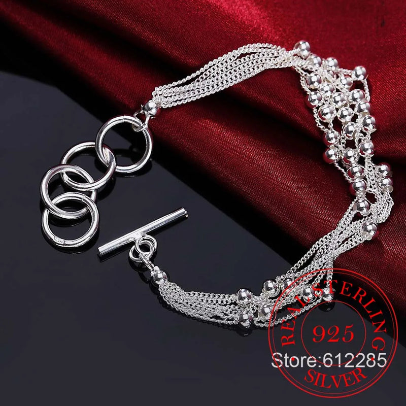 925 Silver Bracelet for Women Six Tassels Beads Bracelet OL Female Gift