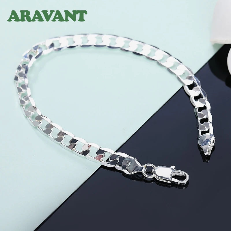 925 Silver Flat Link Chain Bracelet Wedding Jewelry