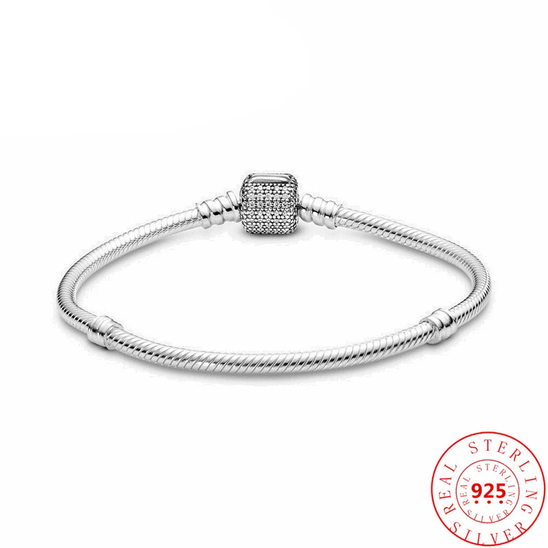 925 Silver Moments Barrel Clasp Pav? Clear Zircon Sparkling Snake Chain Bracelet