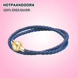 925 Silver Button Woven Leather Bracelet Charm Bead Style DIY Women Jewelry
