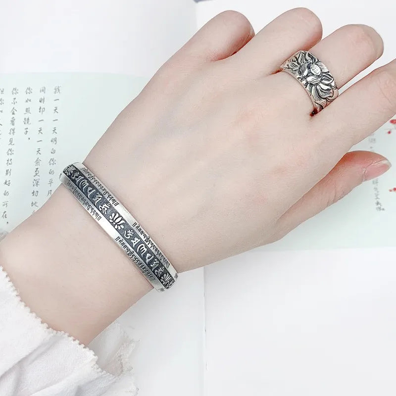 925 Silver Lotus Flower Bracelet Six Character True Words Wide Vintage Bangles