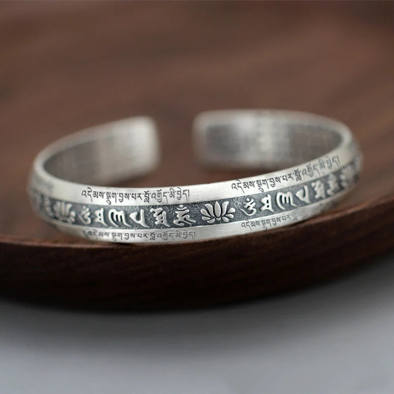 925 Silver Lotus Flower Bracelet Six Character True Words Wide Vintage Bangles