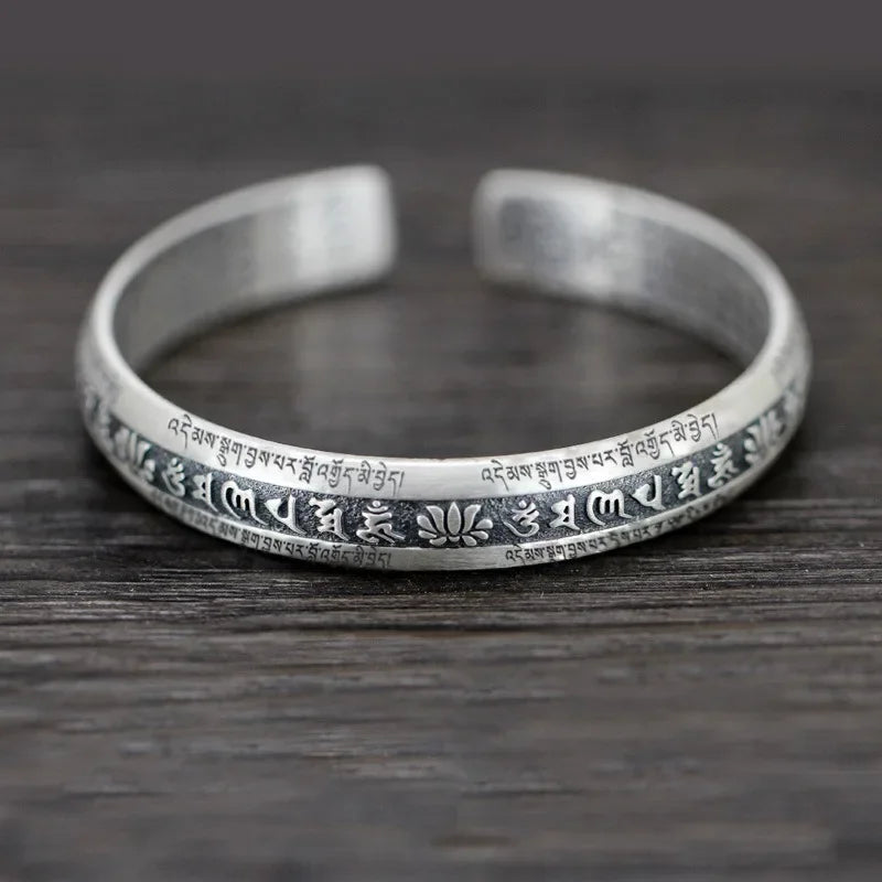 925 Silver Lotus Flower Bracelet Six Character True Words Wide Vintage Bangles