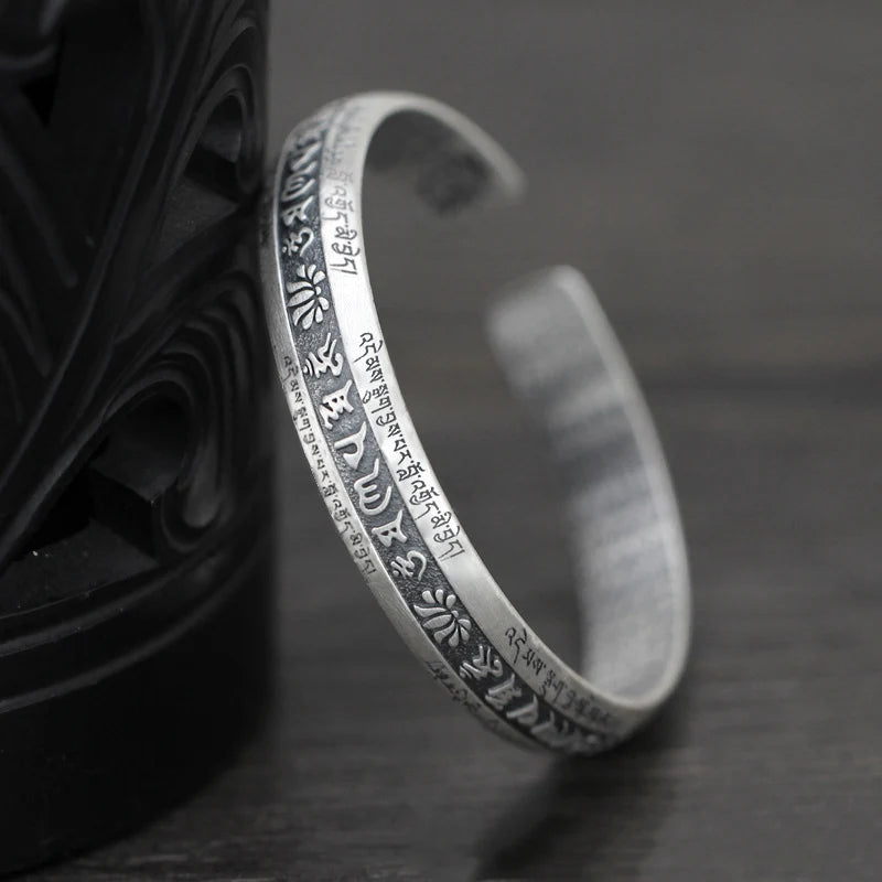 925 Silver Lotus Flower Bracelet Six Character True Words Wide Vintage Bangles