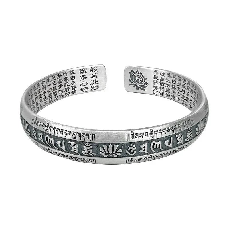 925 Silver Lotus Flower Bracelet Six Character True Words Wide Vintage Bangles