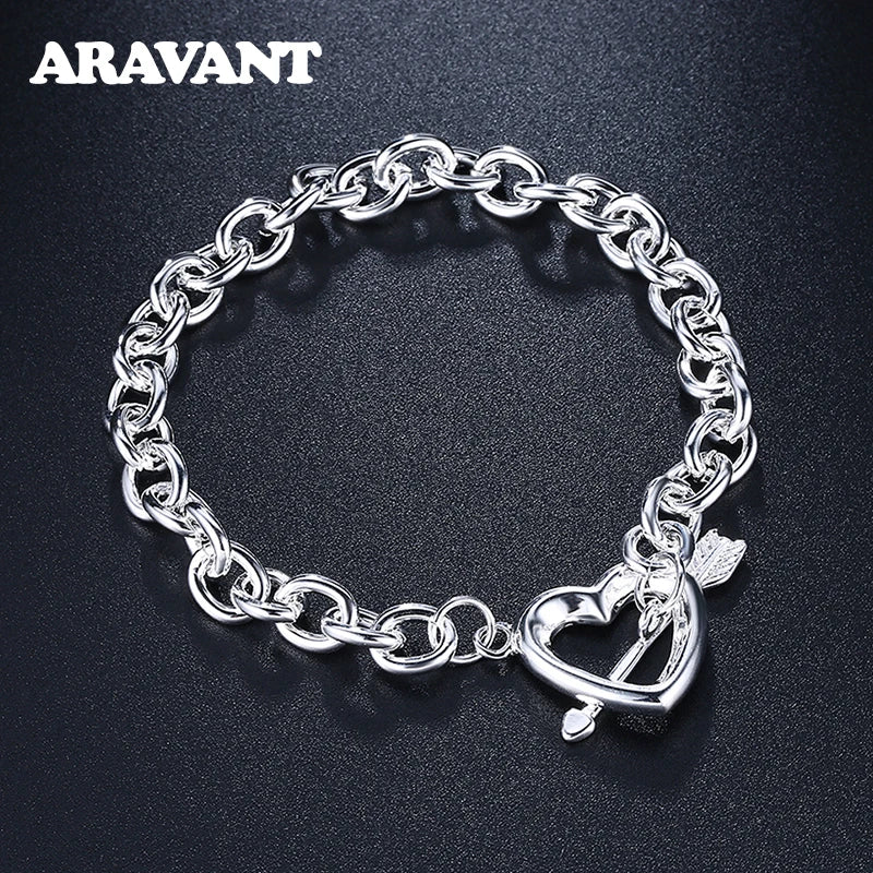 925 Silver Heart Link Bracelet Women