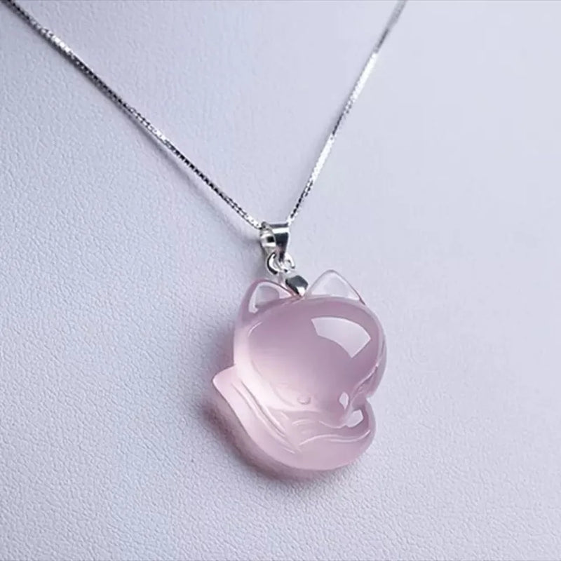 925 Silver Chain Pink Chalcedony Fox Pendant Necklace Charm Jewellery