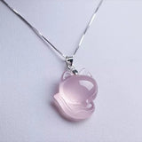 925 Silver Chain Pink Chalcedony Fox Pendant Necklace Charm Jewellery