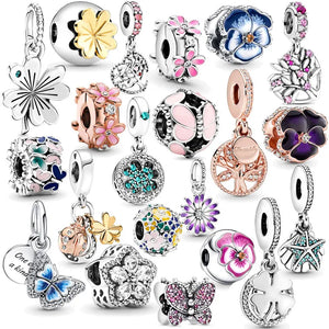 925 Silver Pansy Flower & Clover Charm Pendant for Bracelet