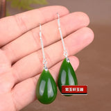 925 Silver Green Jade Drop Earrings Hand Carved Luck Amulet