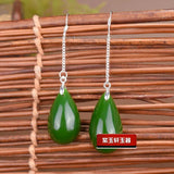 925 Silver Green Jade Drop Earrings Hand Carved Luck Amulet