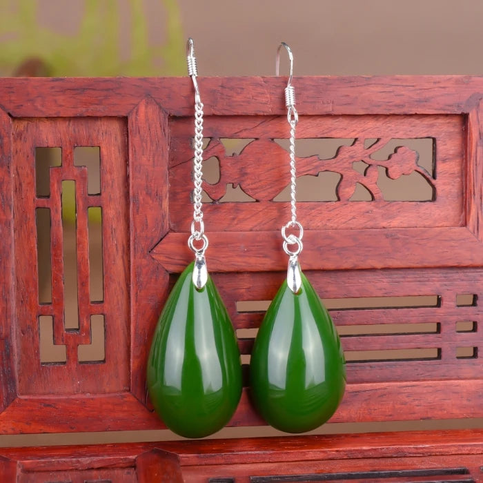 925 Silver Green Jade Drop Earrings Hand Carved Luck Amulet