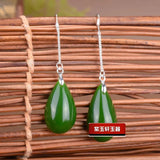 925 Silver Green Jade Drop Earrings Hand Carved Luck Amulet