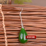 925 Silver Green Jade Drop Earrings Hand Carved Luck Amulet