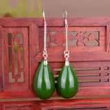 925 Silver Green Jade Drop Earrings Hand Carved Luck Amulet