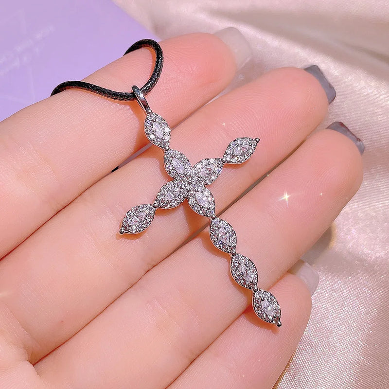 925 Silver Cross Zircon Necklace Christian Cross Chain Pendant