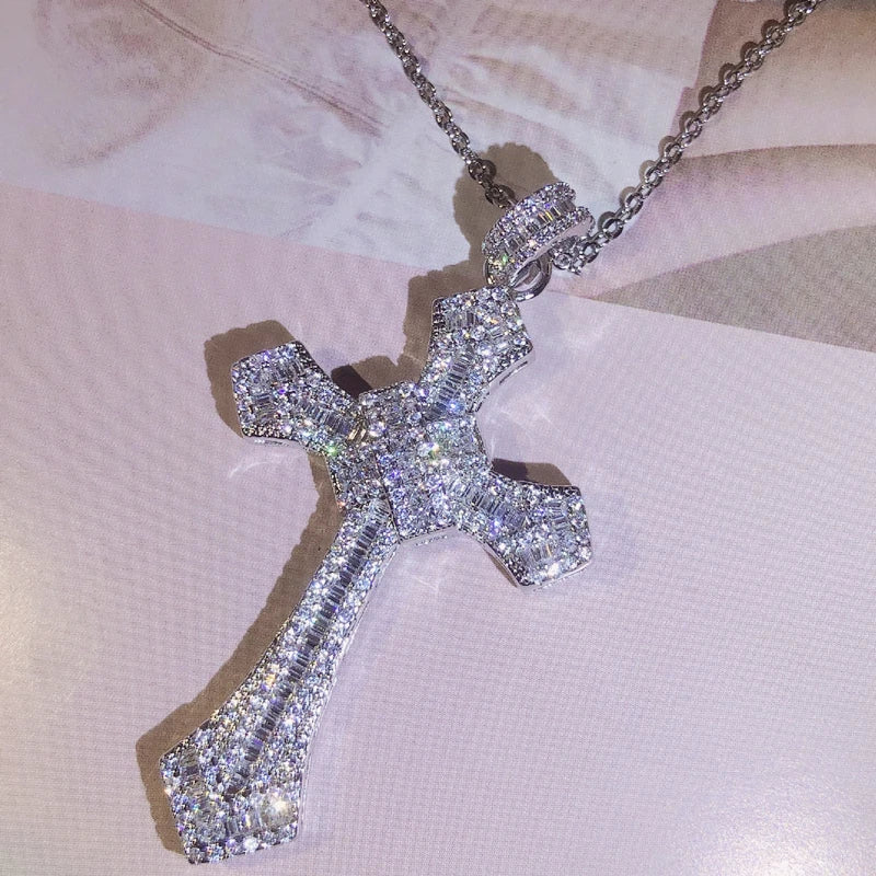 925 Silver Classic Cross Pendant with Zircon Stone Necklace