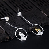 925 Silver Rabbit Drop Earrings Chinese Style Bunny Dangle Fine Jewelry