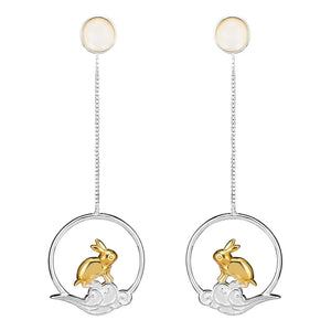 925 Silver Rabbit Drop Earrings Chinese Style Bunny Dangle Fine Jewelry