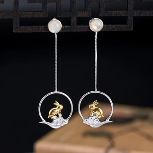 925 Silver Rabbit Drop Earrings Chinese Style Bunny Dangle Fine Jewelry