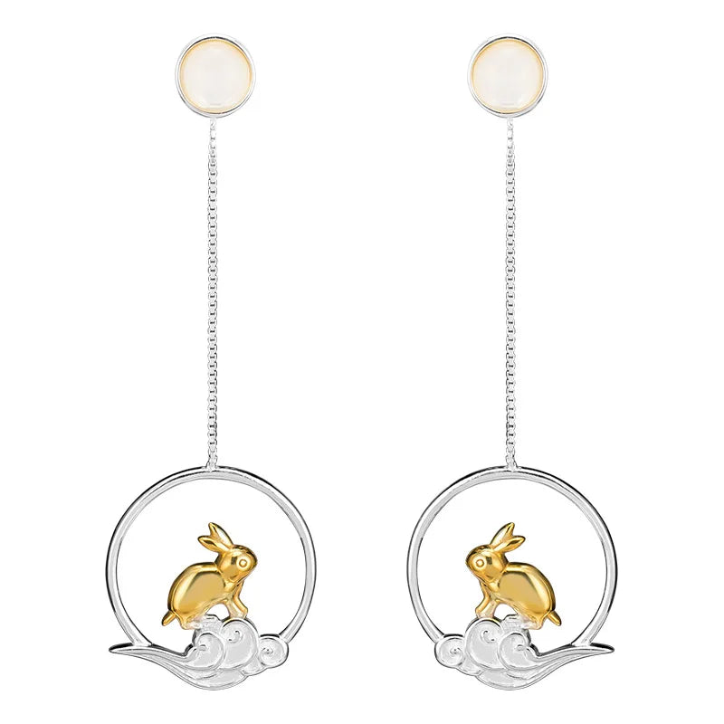 925 Silver Rabbit Drop Earrings Chinese Style Bunny Dangle Fine Jewelry