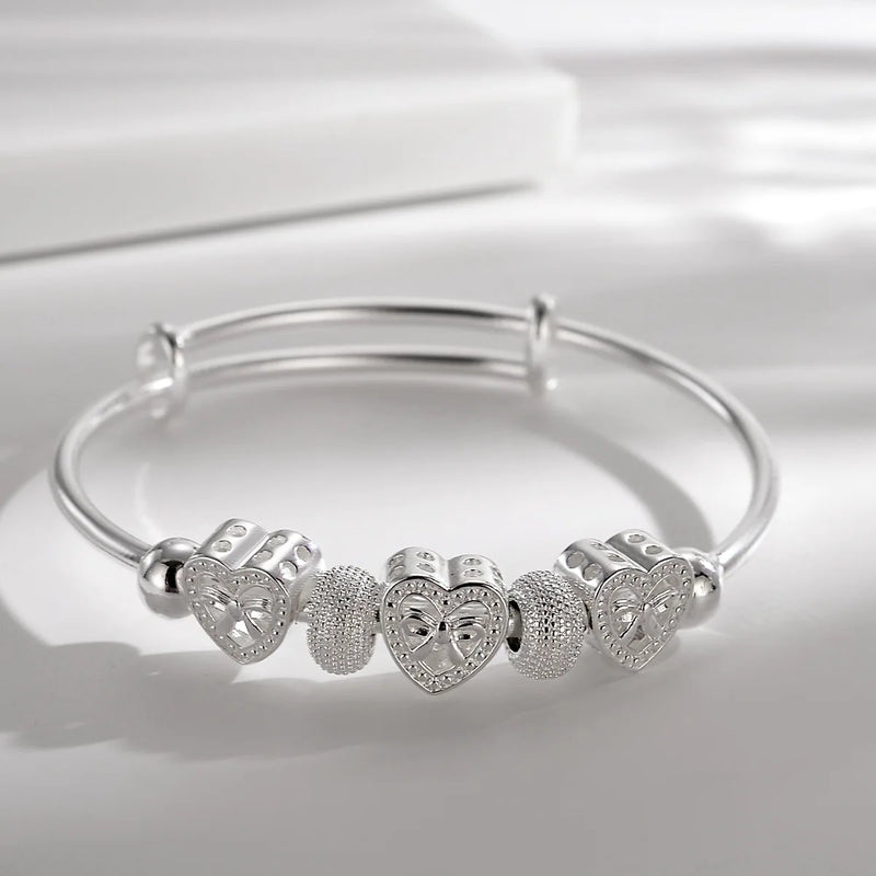 925 Silver Heart Bangles for Women Wedding Party Jewelry