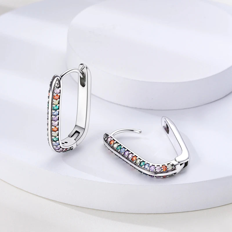 925 Silver CZ U Shape Moon Star Hoop Earrings Chain Earring Gift