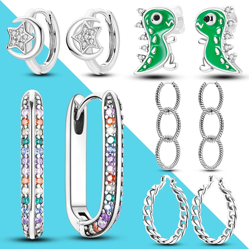 925 Silver CZ U Shape Moon Star Hoop Earrings Chain Earring Gift