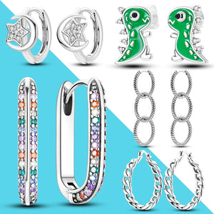 925 Silver CZ U Shape Moon Star Hoop Earrings Chain Earring Gift