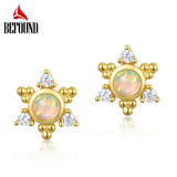925 Silver Colorful Opal Stud Earrings Zirconia Snowflake Flower Jewelry