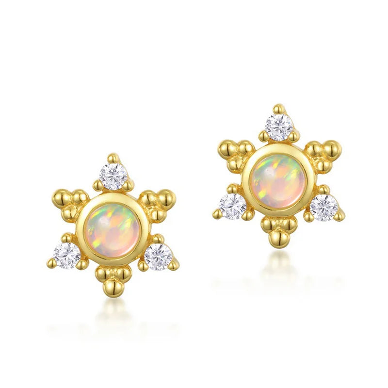925 Silver Colorful Opal Stud Earrings Zirconia Snowflake Flower Jewelry