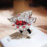 925 Silver Hollow Flower Pearl Wing Oval Ruby Diamond Couple Ring