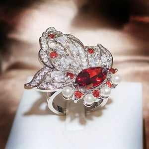 925 Silver Hollow Flower Pearl Wing Oval Ruby Diamond Couple Ring