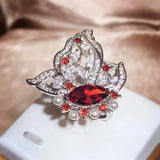 925 Silver Hollow Flower Pearl Wing Oval Ruby Diamond Couple Ring