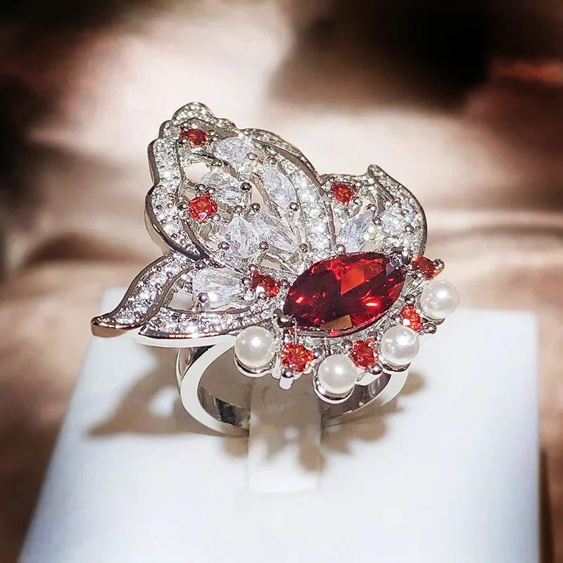 925 Silver Hollow Flower Pearl Wing Oval Ruby Diamond Couple Ring