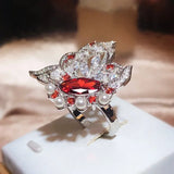 925 Silver Hollow Flower Pearl Wing Oval Ruby Diamond Couple Ring