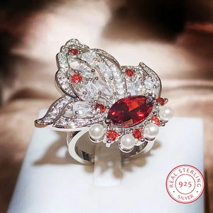 925 Silver Hollow Flower Pearl Wing Oval Ruby Diamond Couple Ring