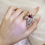 925 Silver Hollow Flower Pearl Wing Oval Ruby Diamond Couple Ring
