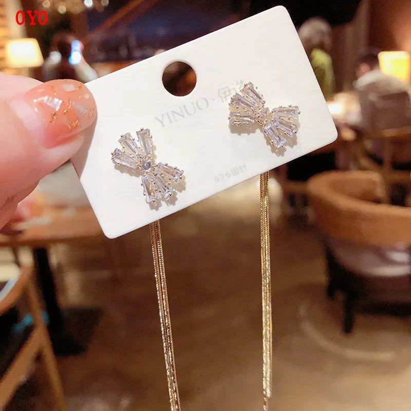 925 Silver Crystal Tassel Bow Earrings