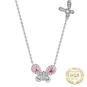 925 Silver CZ Butterfly Pendant Necklace Sparkly Crystal Women's Jewelry