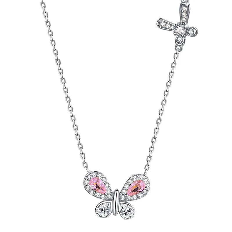 925 Silver CZ Butterfly Pendant Necklace Sparkly Crystal Women's Jewelry