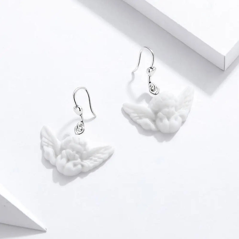 925 Silver Resin Cupid Angel Pendant Drop Earring Punk Jewelry