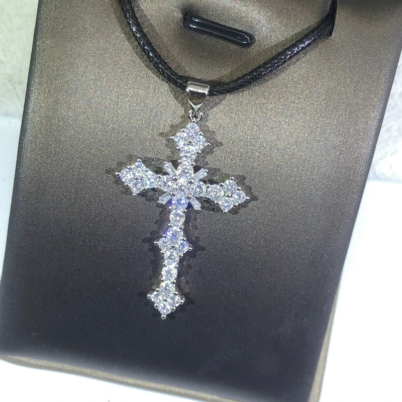 925 Silver Cross Pendant Necklace Zircon Chain Bling Jewelry Gift