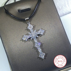 925 Silver Cross Pendant Necklace Zircon Chain Bling Jewelry Gift